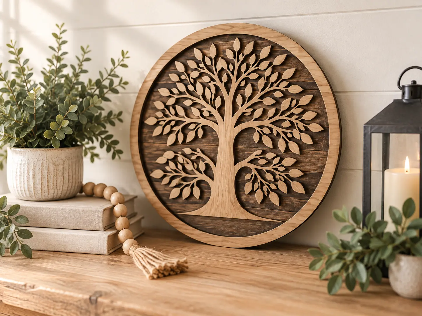 Layered wood tree-of-life décor displayed on a shelf